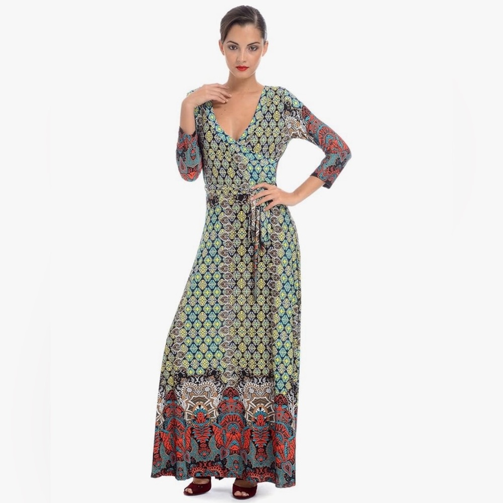 Moroccan Boho Faux Wrap Maxi Dress 🌿 | V-Neck | Belted | Statement Print - Picture 7 of 15